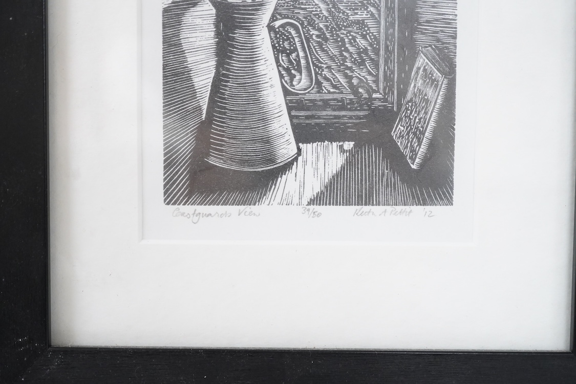 R. A. Pettit, Coastguards View, signed, inscribed and dated '12, limited edition 39/50, wood engraving, 16 x 10cm